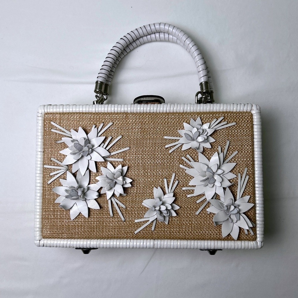 Patricia Nash Womens Floral Wicker Straw Box Bag Satchel White Tan Cottagecore